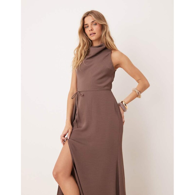 ASOS DESIGN high neck drape skirt detail midi dress in chocolate