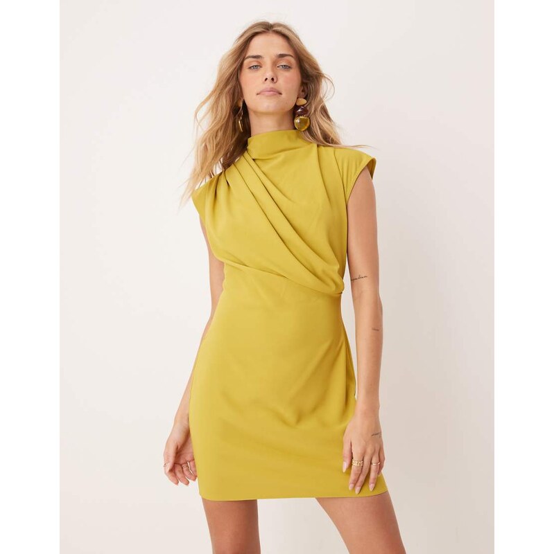 ASOS DESIGN high neck sleeveless mini dress with draped neck in gold
