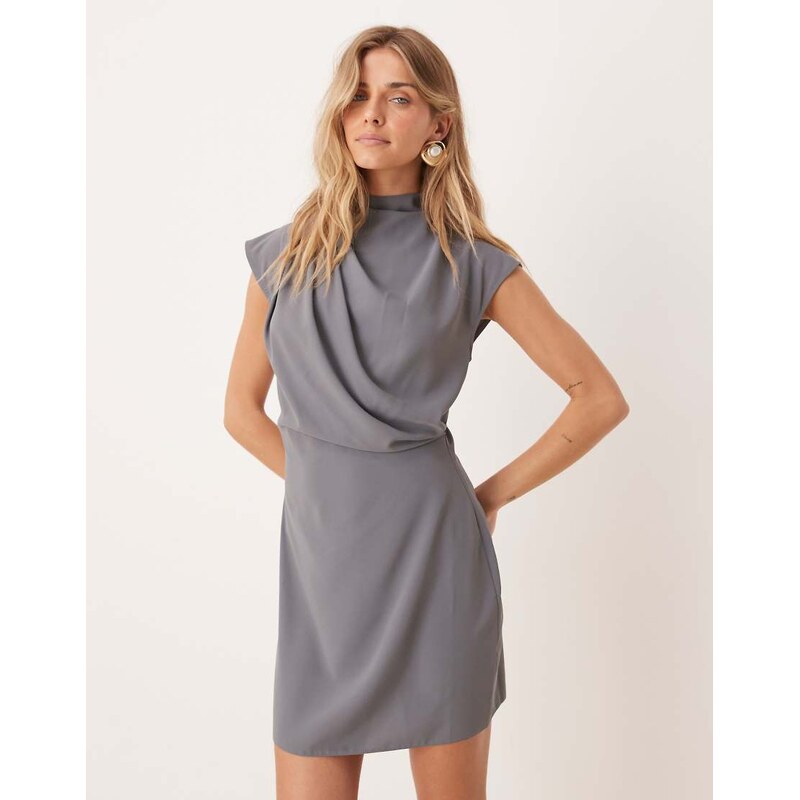 ASOS DESIGN high neck sleeveless mini dress with draped neck in grey