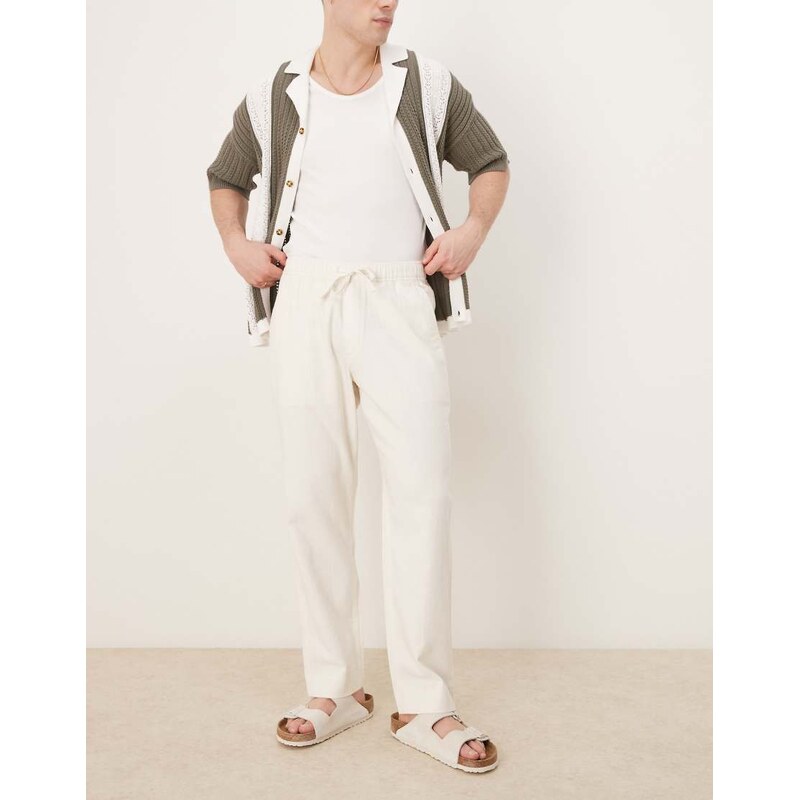 Abercrombie & Fitch baggy drawstring linen trousers in white-Black 106124533