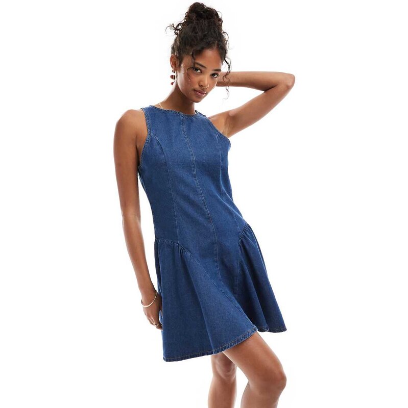 ASOS DESIGN denim mini dress with gathered hip panels in mid