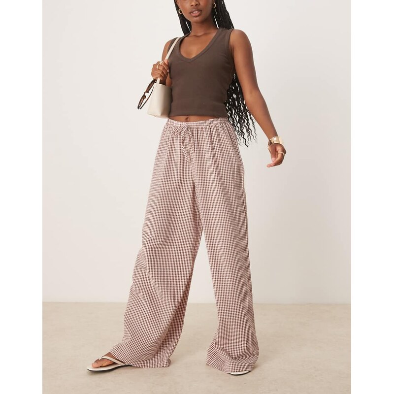 ASOS DESIGN wide leg pull on trouser in pink gingham-Multi 106131405