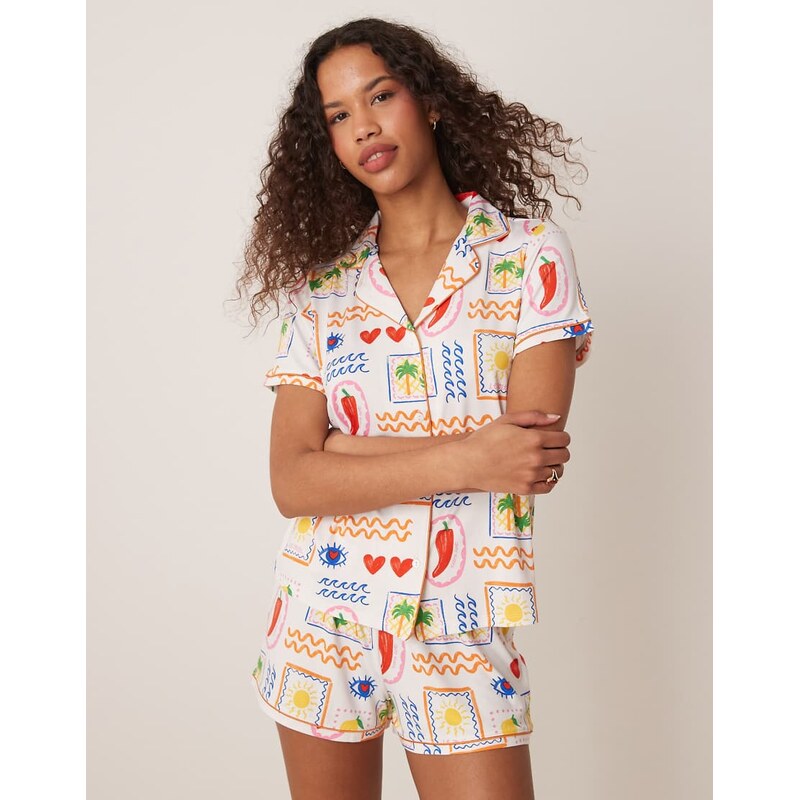 Urban Threads revere pyjama short sleeve shirt and shorts in chilli 106228591