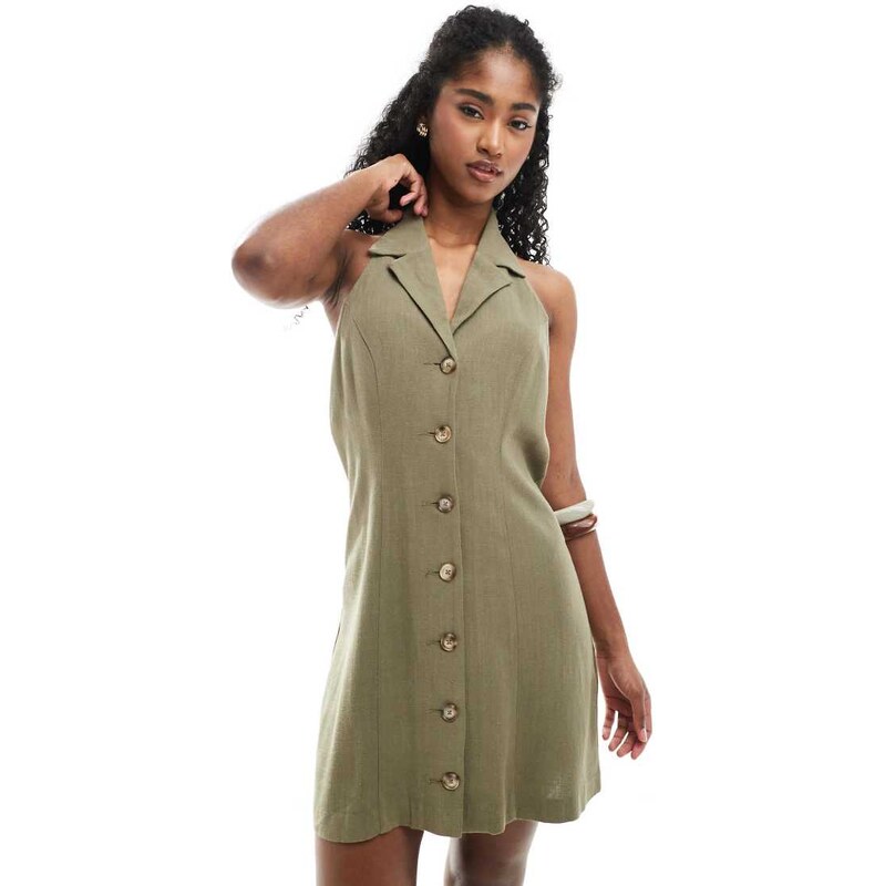 Miss Selfridge linen blend collared halter mini dress khaki