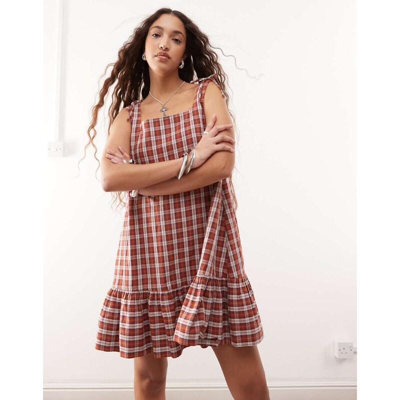COLLUSION square neck check babydoll mini dress in brown check-Multi 107710460