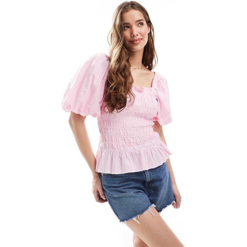 Miss Selfridge shirred detail blouse in pink and white stripe