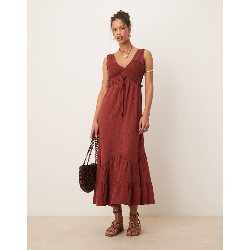 ASOS DESIGN broderie sleeveless plunge tiered maxi dress in red