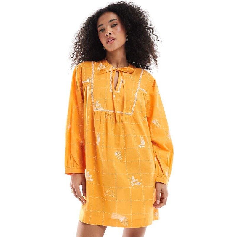 Native Youth embroidered puff sleeve mini smock dress in orange 106147952