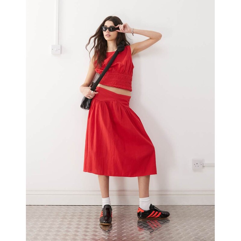 COLLUSION linen look drop waist midi skirt co-ord in red - RED