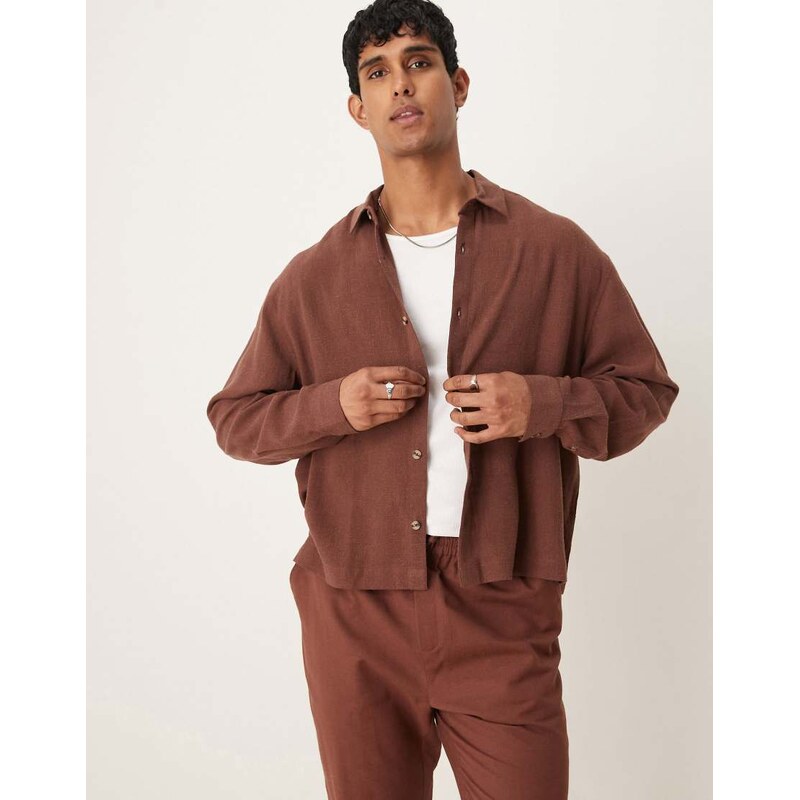 ASOS DESIGN boxy oversized linen blend shirt in brown