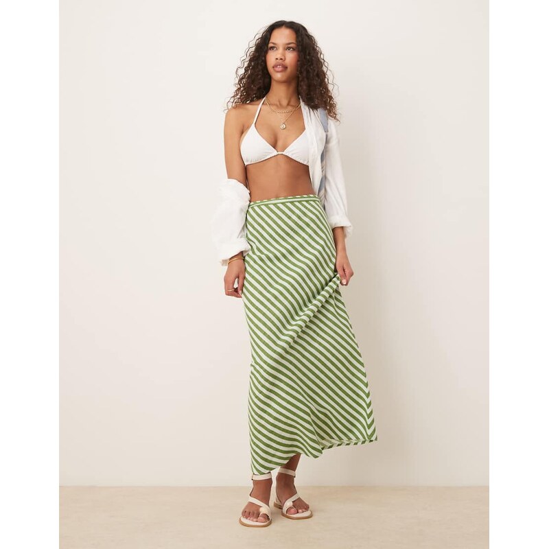 ASOS DESIGN linen blend bias maxi skirt in green stripe-Multi