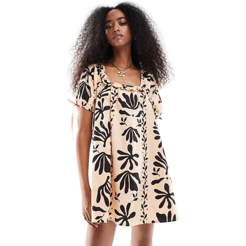 Wednesdays Girl bold print smock mini dress in sand-Neutral 106148063