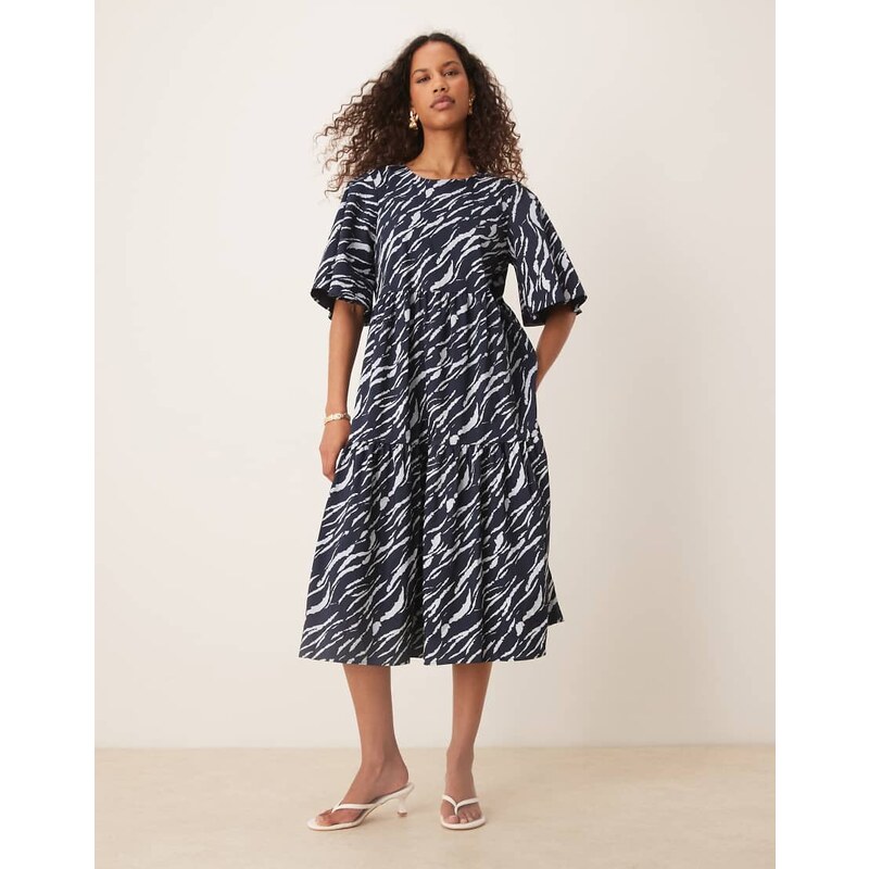 JDY tiered short sleeve midi dress in navy zebra print 106321295
