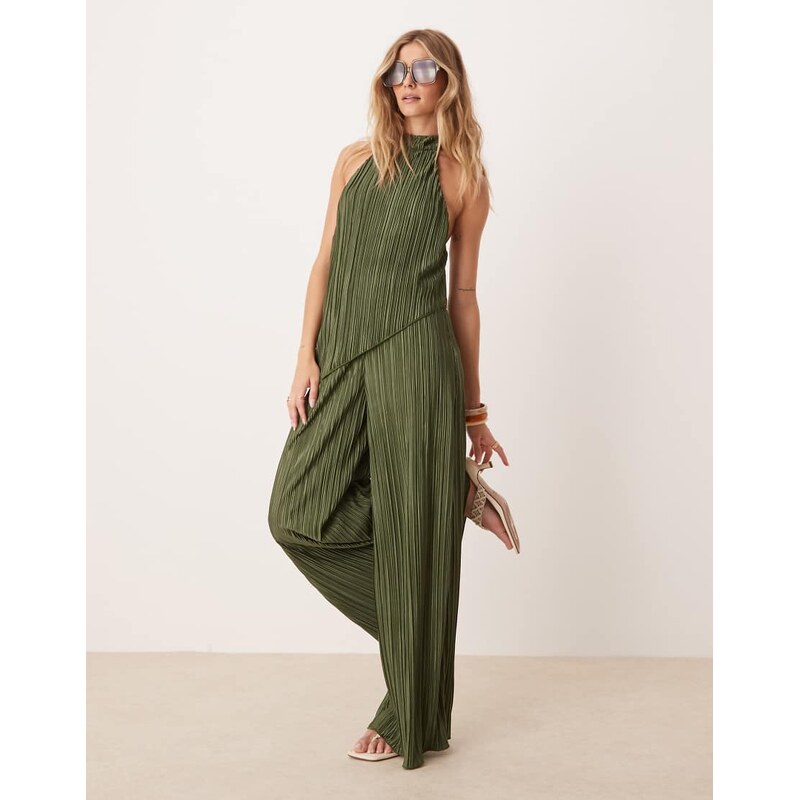 ASOS DESIGN plisse halter neck wide leg jumpsuit in khaki-Green 114688900