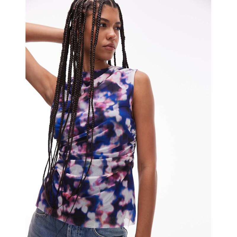 & Other Stories mesh top with drape detail in blurred floral print 106131342