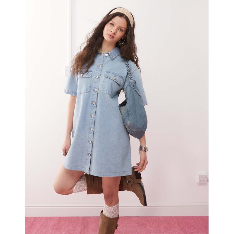 Miss Selfridge oversized short sleeve denim shirt dress in bleach wash 106154605
