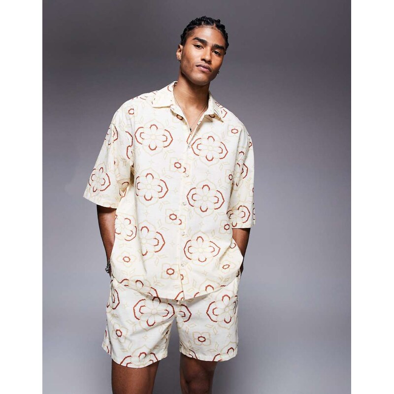 ASOS DESIGN co-ord oversized shirt with geo print in beige