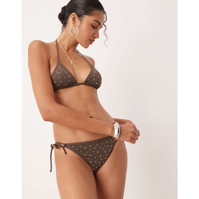 Mango studded tie side bikini bottom in chocolate-Brown 106097704