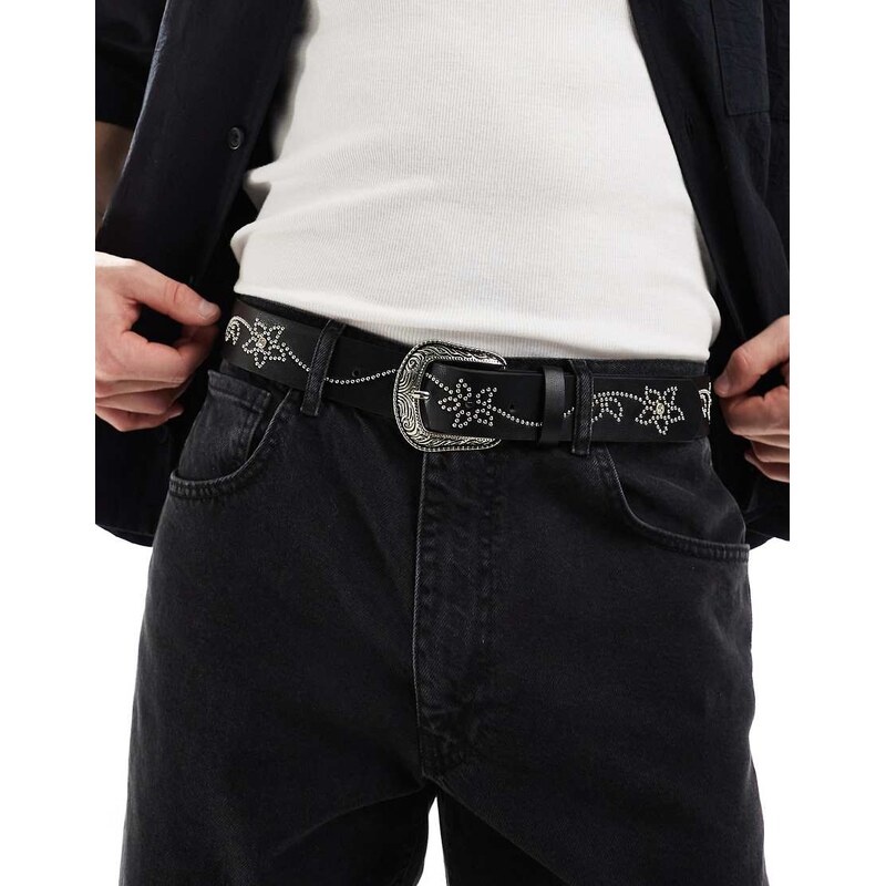 ASOS DESIGN western cowboy belt with floral studding in black