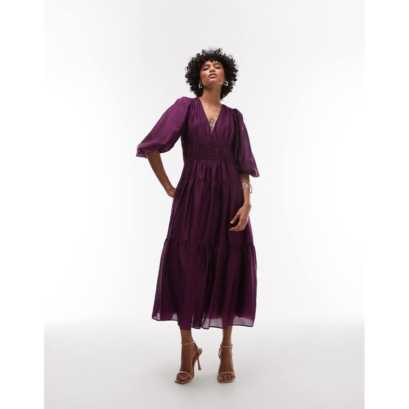& Other Stories midaxi dress with volume sleeves and shirred bodice in 110525059