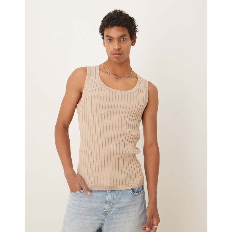 ASOS DESIGN muscle fit knitted rib vest in stone-Neutral