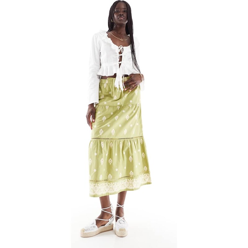 Wednesdays Girl tiered tie front midaxi skirt in green 115371503