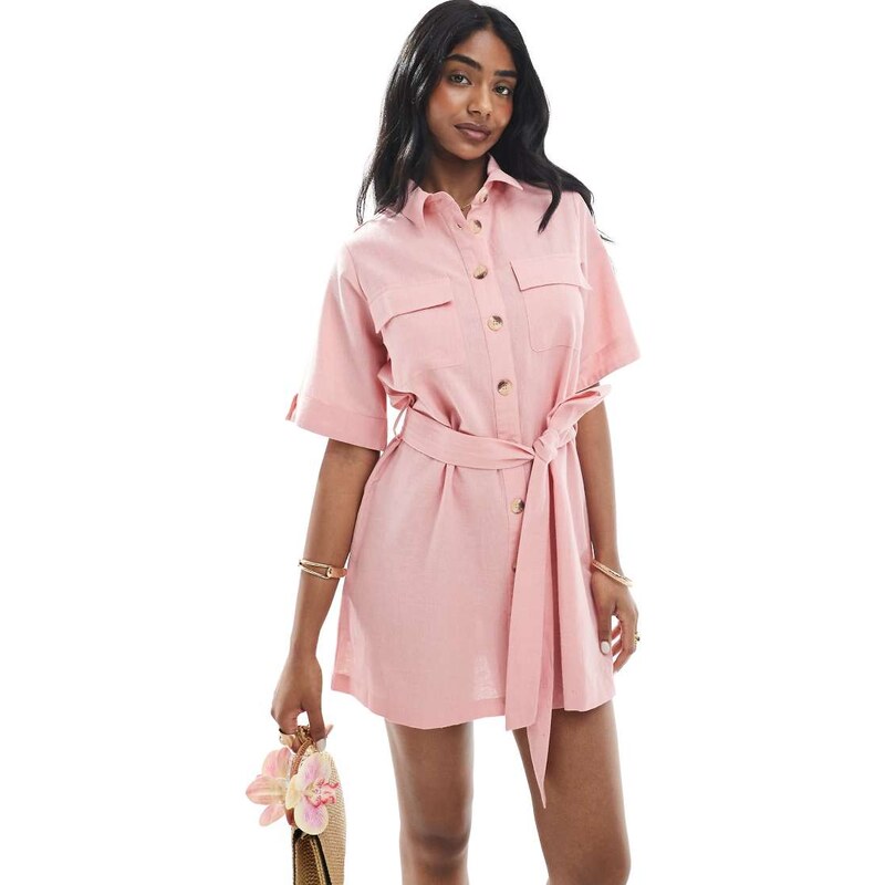 Wednesdays Girl button through mini shirt dress in dusty pink 106141196