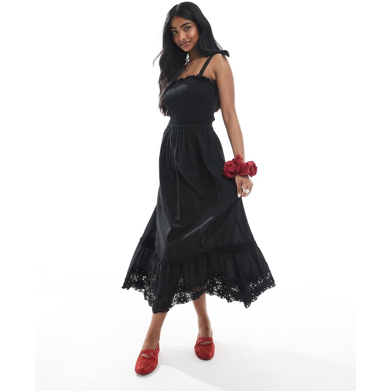 Brave Soul strappy shirred maxi dress with lace detail in black-White 106141188