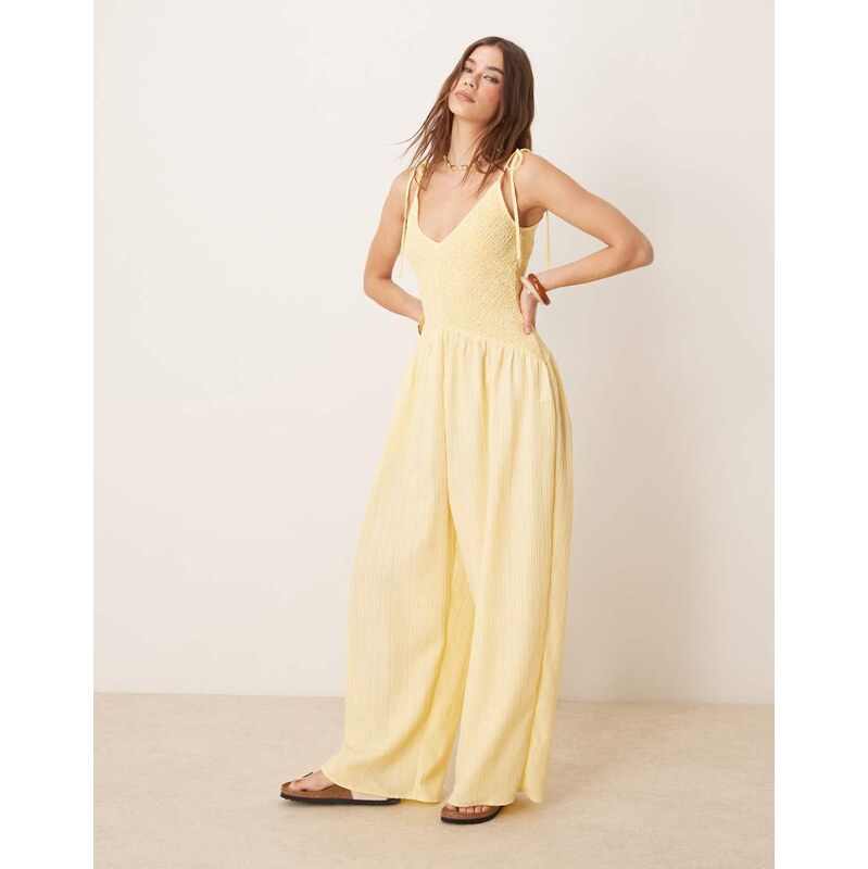 ASOS DESIGN V neck poly crinkle dropped waist jumpsuit in lemon