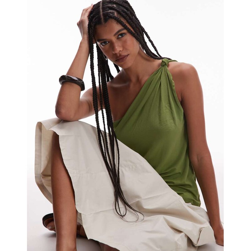 Topshop knot detail one shoulder top in khaki-Green
