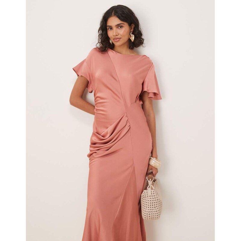 ASOS DESIGN satin flutter sleeve maxi dress in dusky rose-Pink