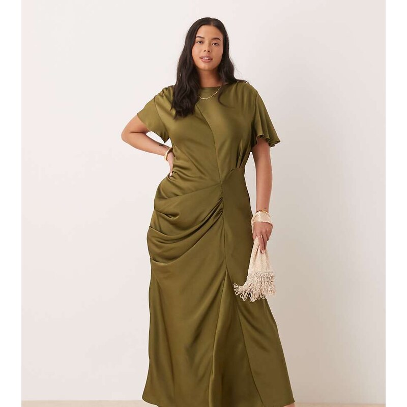 ASOS Curve ASOS DESIGN Curve satin flutter sleeve maxi dress in olive 106399498