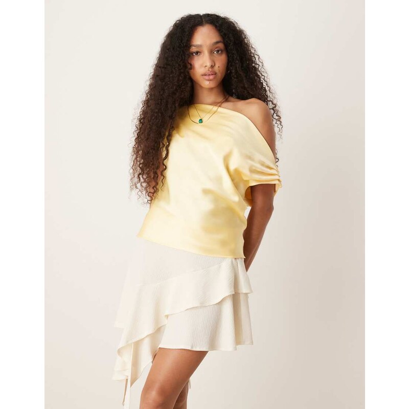 ASOS DESIGN satin drape one shoulder top in buttermilk-Yellow 106141298