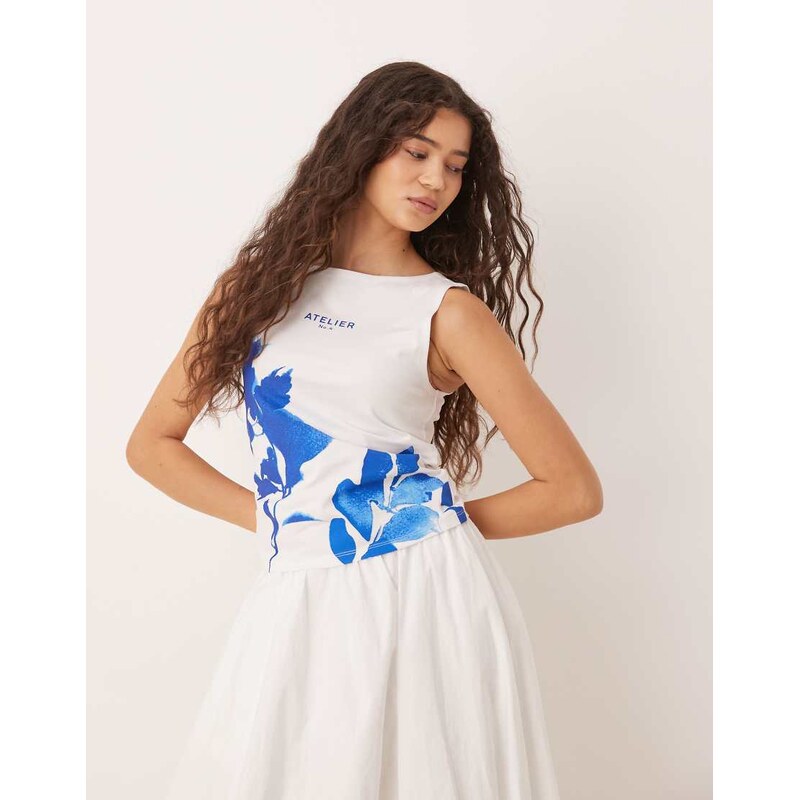ASOS DESIGN boat neck tank with photographic floral in white 106141263