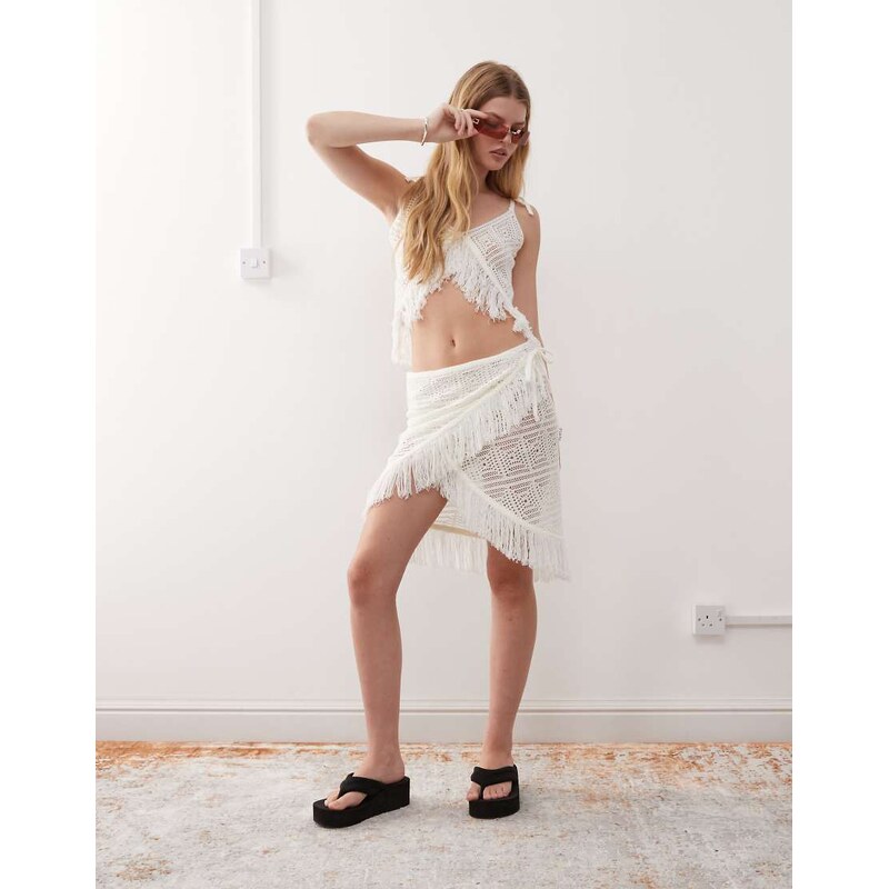 COLLUSION crochet tassel wrap skirt in cream-White 106141306