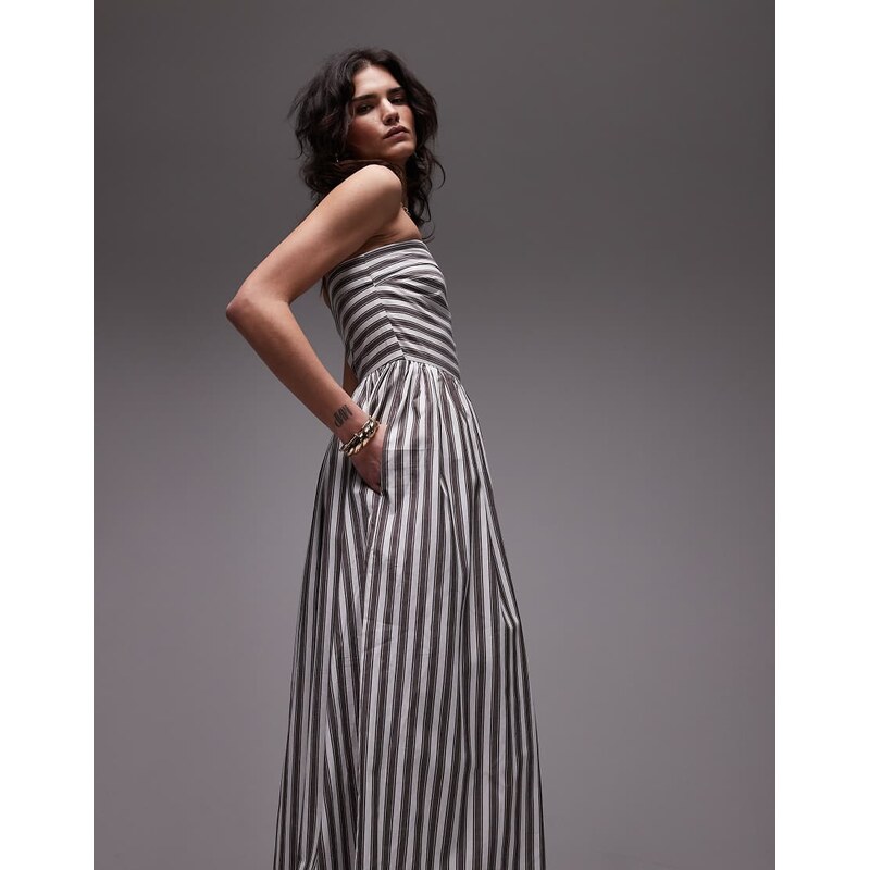 Topshop bandeau full hem dress in bleached stripe-Multi