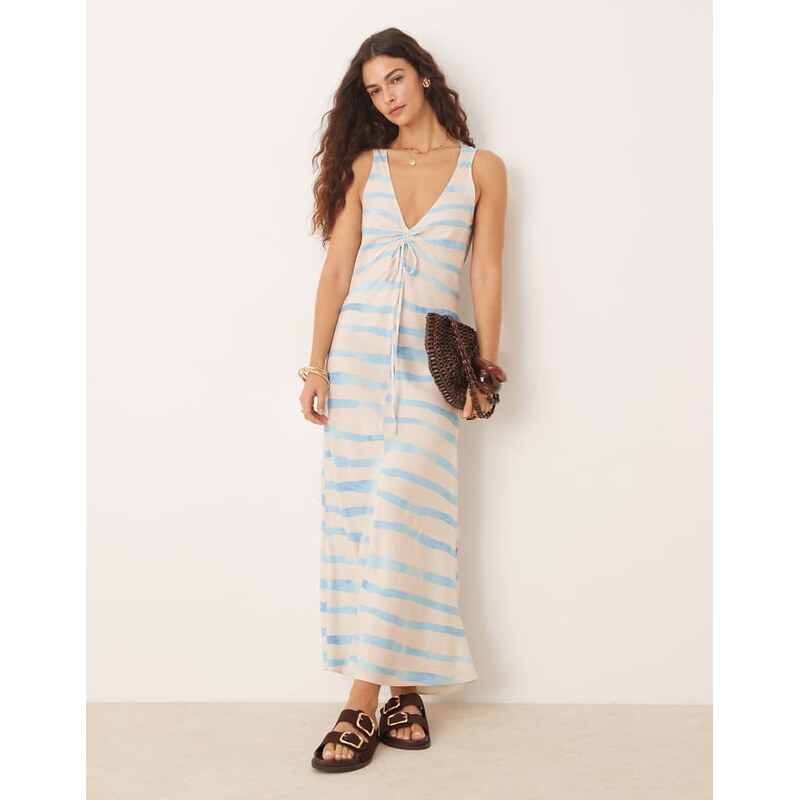 ASOS DESIGN v neck ruched tie midi dress in blue stripe print