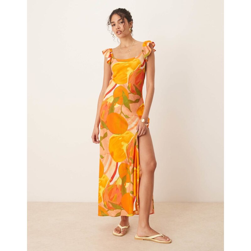 ASOS DESIGN frill sleeve maxi dress in orange fruit print-Multi