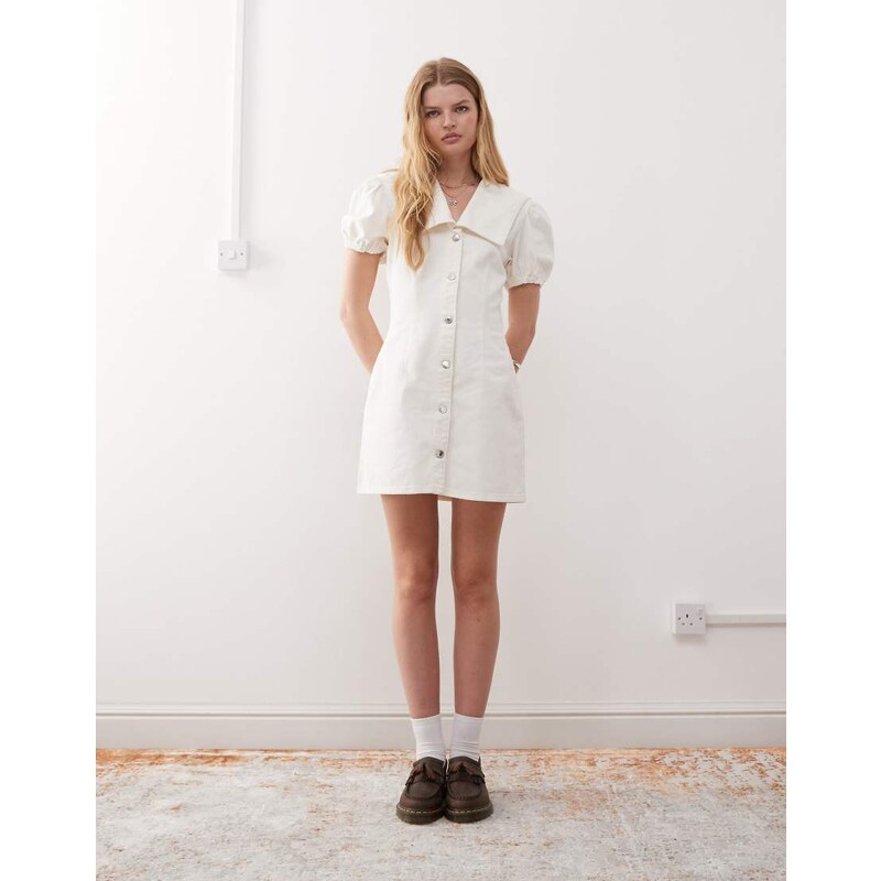 Reclaimed Vintage sailor collar denim mini dress in ecru-White 106141281