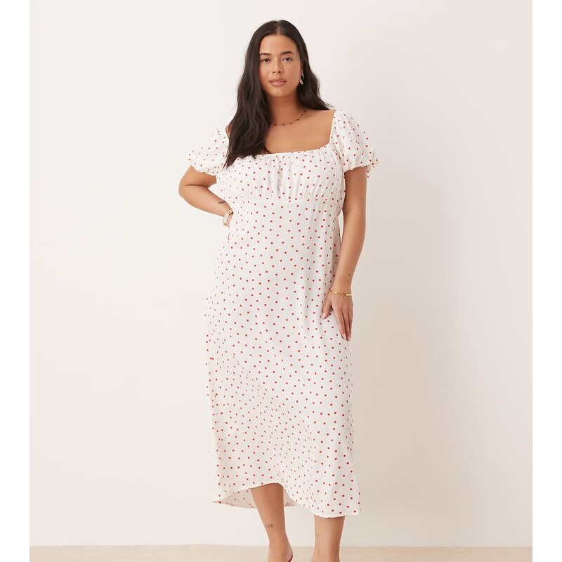 Nobodys Child Plus Raven puff sleeve midi dress in white and red polka 106141283