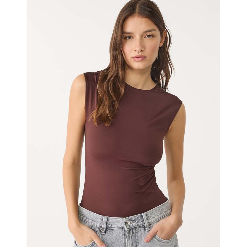 Stradivarius ruched bodysuit in brown 106141332