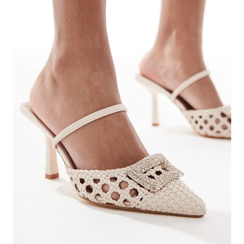 SEQWL Wide Fit kitten heel with buckle detail in raffia cream-White 106143466