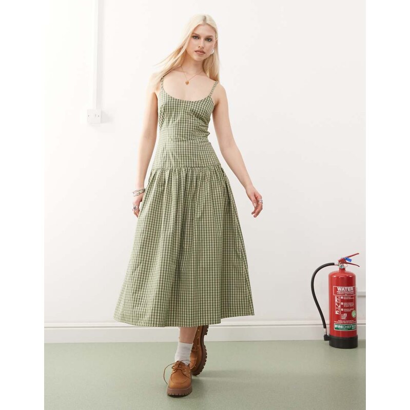 COLLUSION scoop neck drop waist maxi dress in green check-Multi 113260328