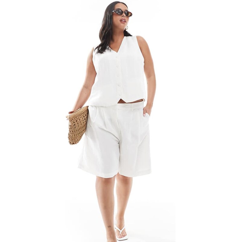 ONLY Curve high waist longline tailored shorts in white linen co-ord 106606331