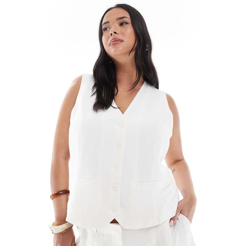 ONLY Curve linen tailored vest co-ord in white-Green 106143488