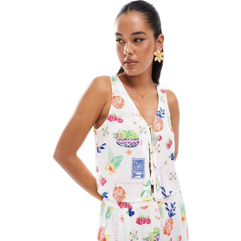 ONLY tie front top co-ord in postcard print-White 106143530