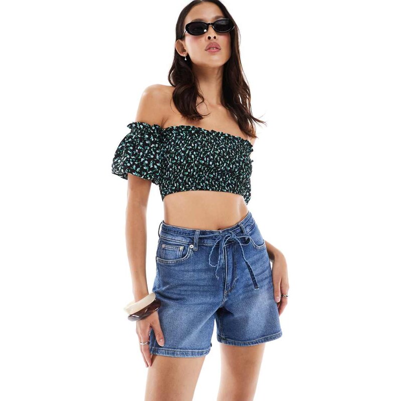 ONLY tie detail loose fit denim short in mid wash blue 106143531