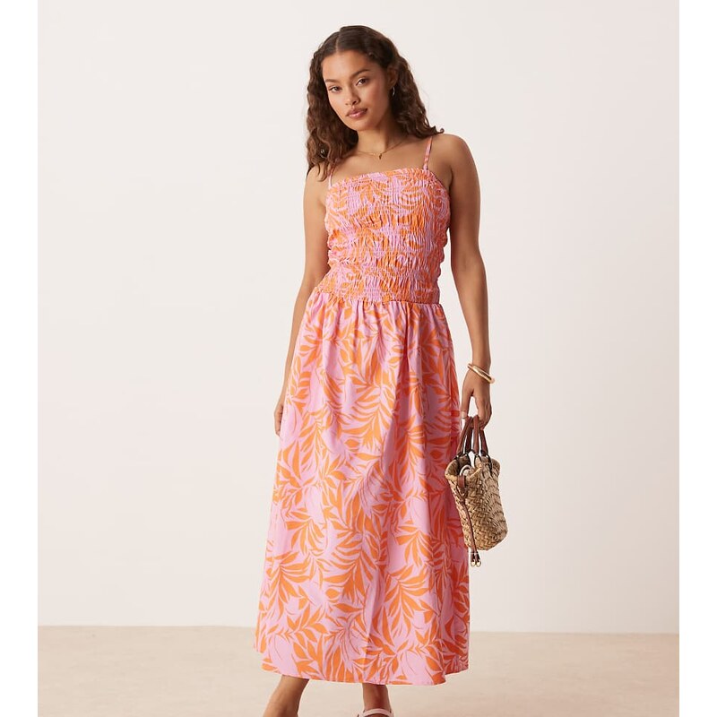 JDY Petite shirred maxi cami dress in pink floral print-Orange