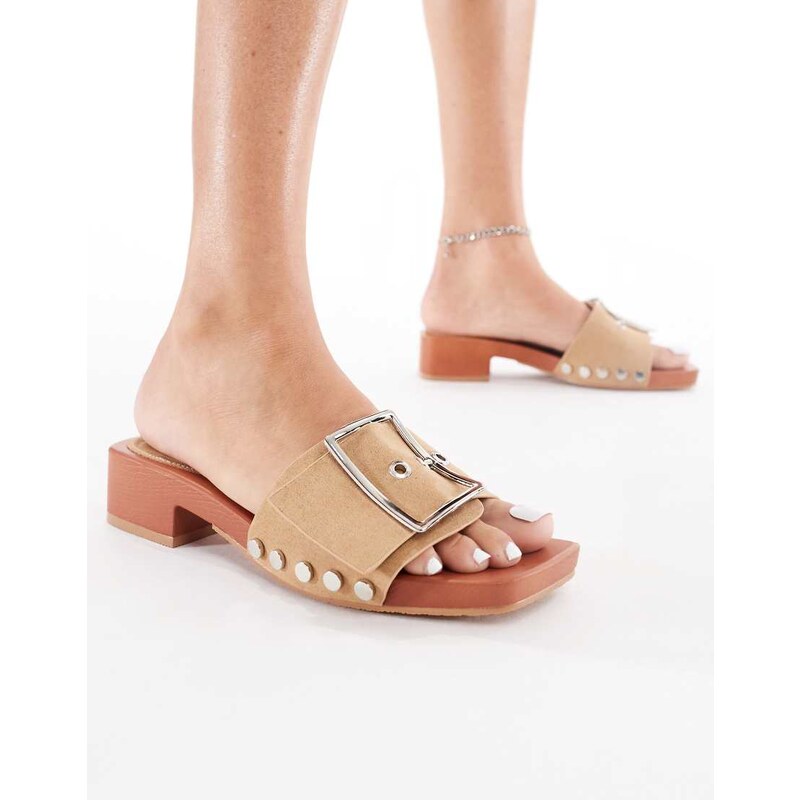 London Rebel heeled sandal with buckle detail in taupe faux suede 115511092