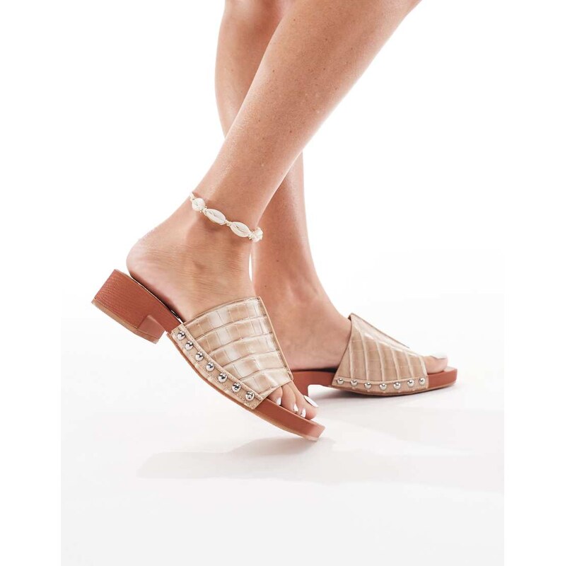London Rebel heeled sandal with studded strap in cream faux suede 106143570